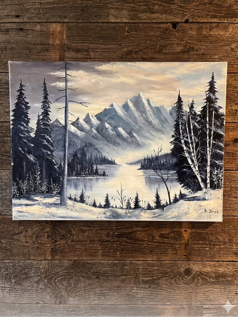 Winter landscape original oil painting 
signed "B. Jones"
Blue Mountain Lake